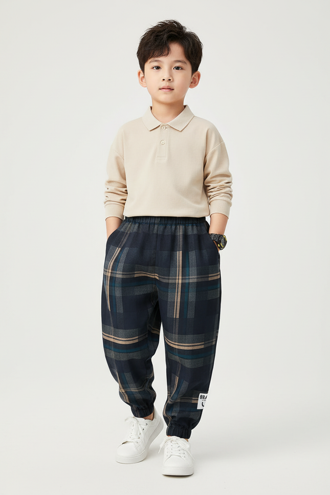 Pantalon Baggy Carreaux Épais Hiver Garçon Décontracté - Marine Tweed