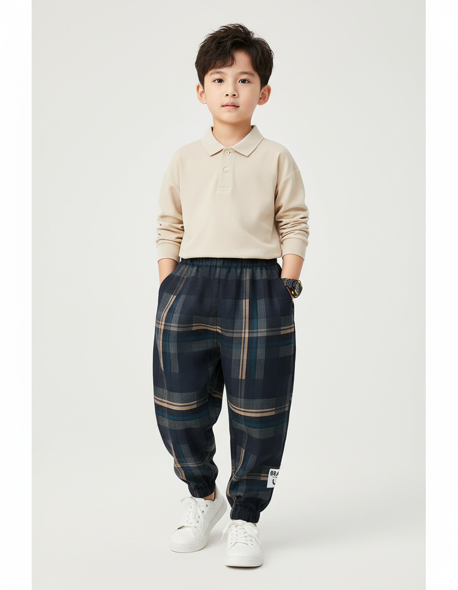 Pantalon Baggy Carreaux Épais Hiver Garçon Décontracté - Marine Tweed
