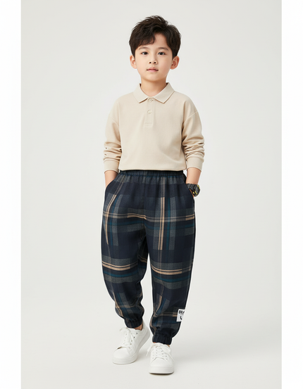 Pantalon Baggy Carreaux Épais Hiver Garçon Décontracté - Marine Tweed