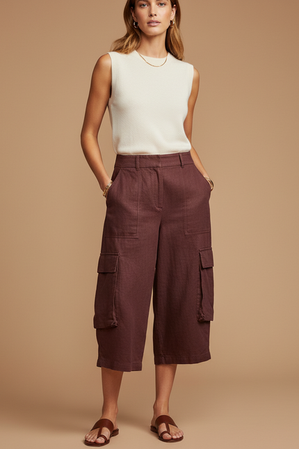 Pantalon Baggy Marron Ample Lin Cargo Court - Bordeaux