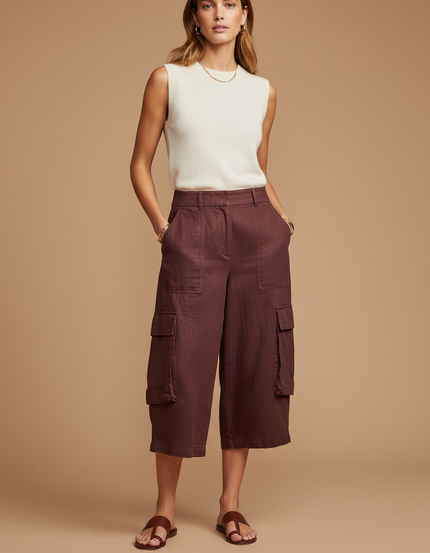 Pantalon Baggy Marron Ample Lin Cargo Court - Bordeaux