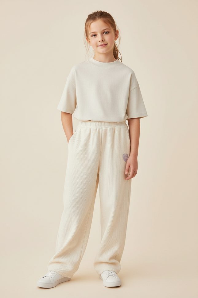 Pantalon Baggy Côtelé Beige Ample Décontracté Cœur - Cordé