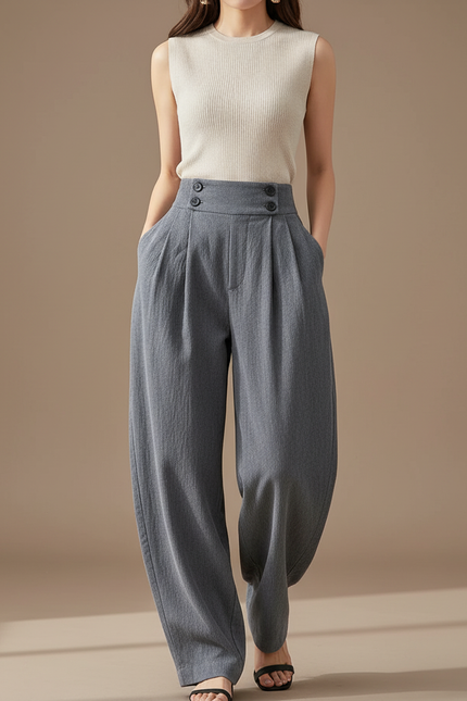Pantalon Baggy Gris Plissé Ample Taille Haute Fluide - Lin