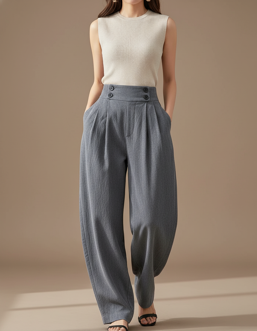Pantalon Baggy Gris Plissé Ample Taille Haute Fluide - Lin