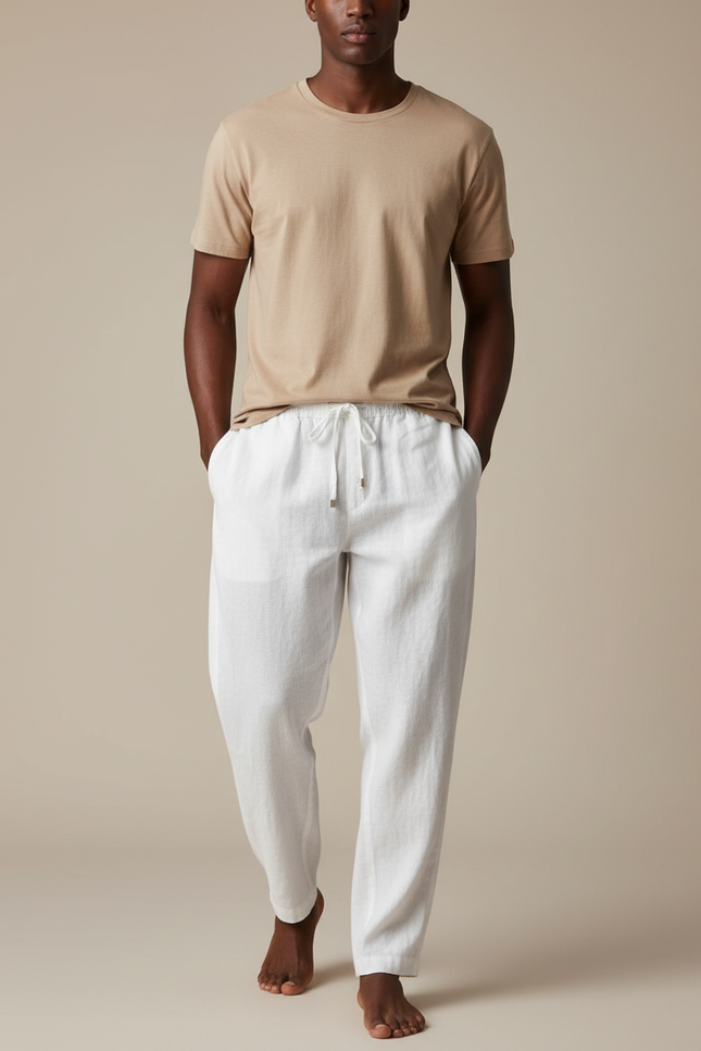 Pantalon Baggy Lin Blanc Ample Décontracté Homme