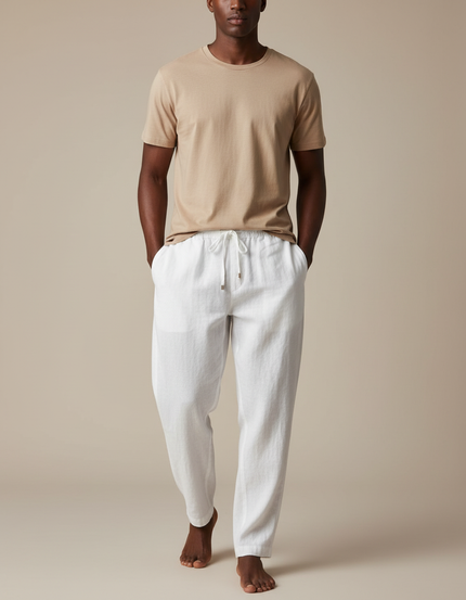 Pantalon Baggy Lin Blanc Ample Décontracté Homme