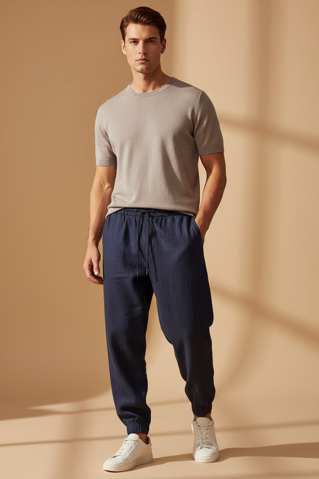 Pantalon Baggy Bleu Marine Cordon Ample Coton Décontracté - Lin