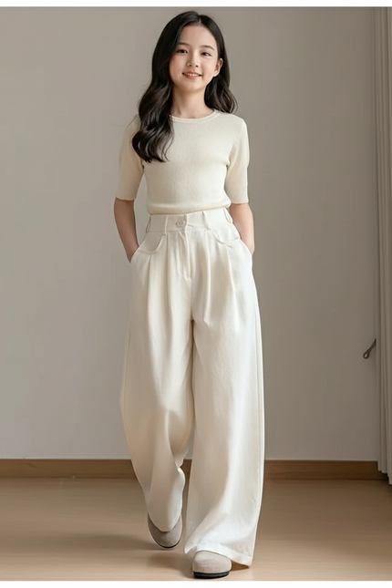 Pantalon Baggy Beige Ample Plissé Confortable Fille - Coton