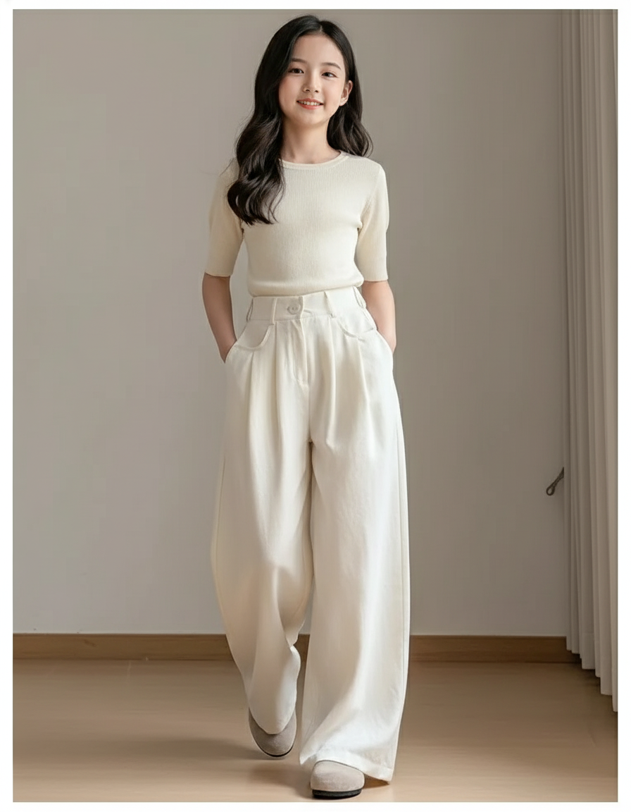 Pantalon Baggy Beige Ample Plissé Confortable Fille - Coton