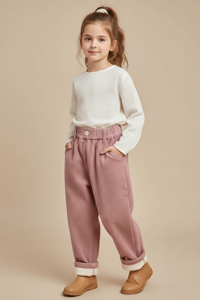 Pantalon Baggy Rose Côtelé Ample Décontracté Enfant - Cordé