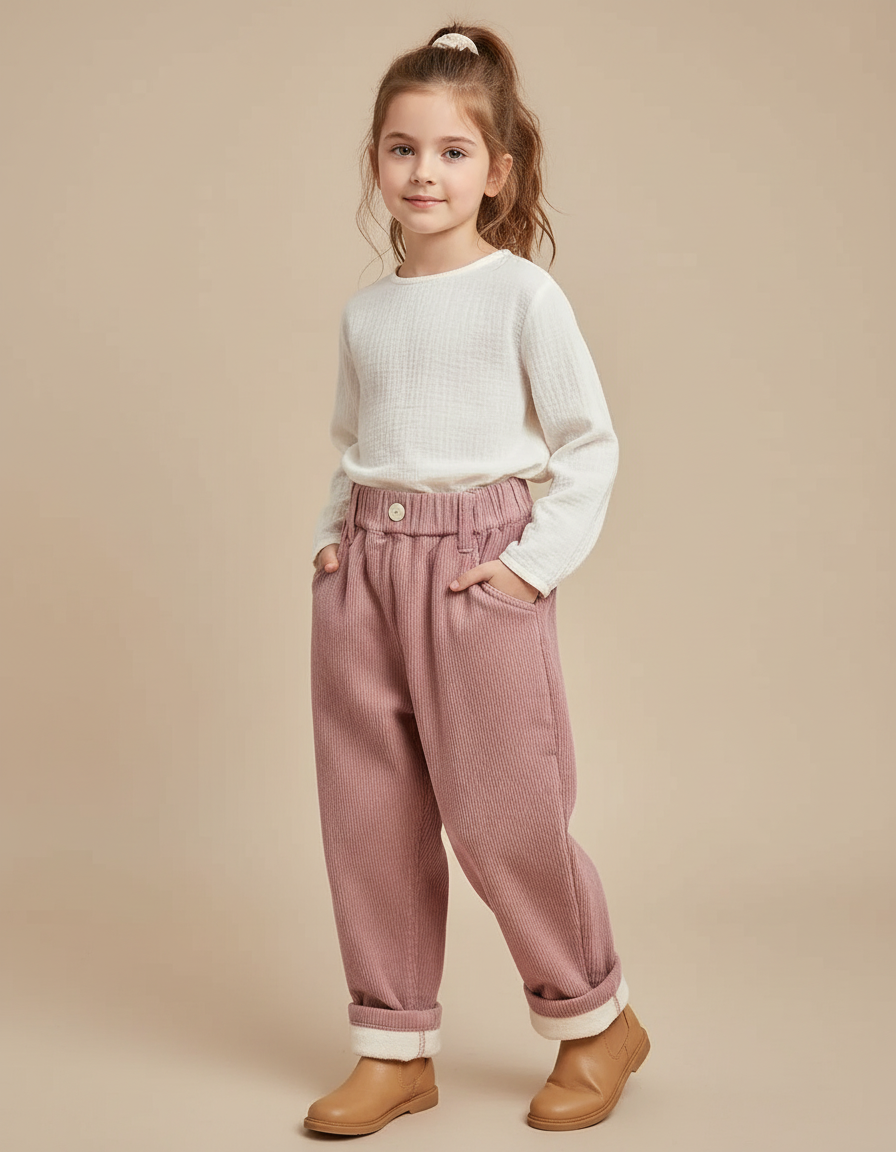 Pantalon Baggy Rose Côtelé Ample Décontracté Enfant - Cordé