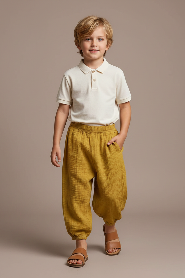 Pantalon Baggy Mousseline Jaune Ample Décontracté Enfant - Coton