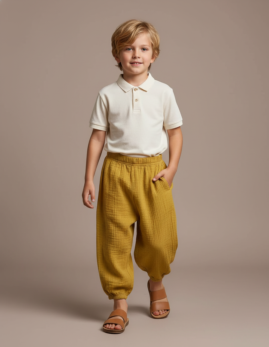 Pantalon Baggy Mousseline Jaune Ample Décontracté Enfant - Coton