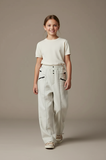 Pantalon Baggy Blanc Cassé Ample Décontracté Poches Zippées - Jean
