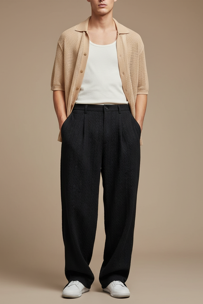 Pantalon Baggy Noir Ample Texturé Décontracté Homme - Maille