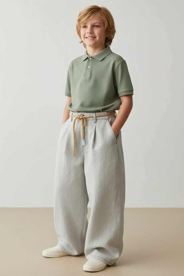 Pantalon Baggy Gris Clair Ample Plissé Cordon - Jean