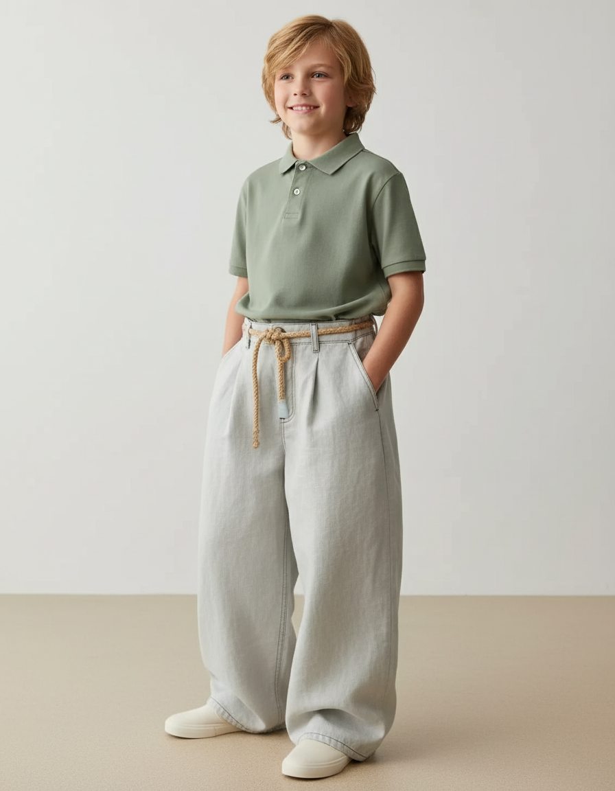 Pantalon Baggy Gris Clair Ample Plissé Cordon - Jean