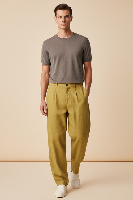 Pantalon Baggy Jaune Moutarde Ample Plissé Lin Homme
