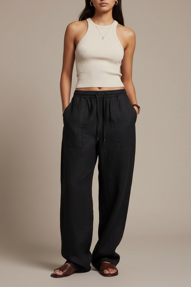 Pantalon Baggy Noir Lin Ample Fluide Décontracté