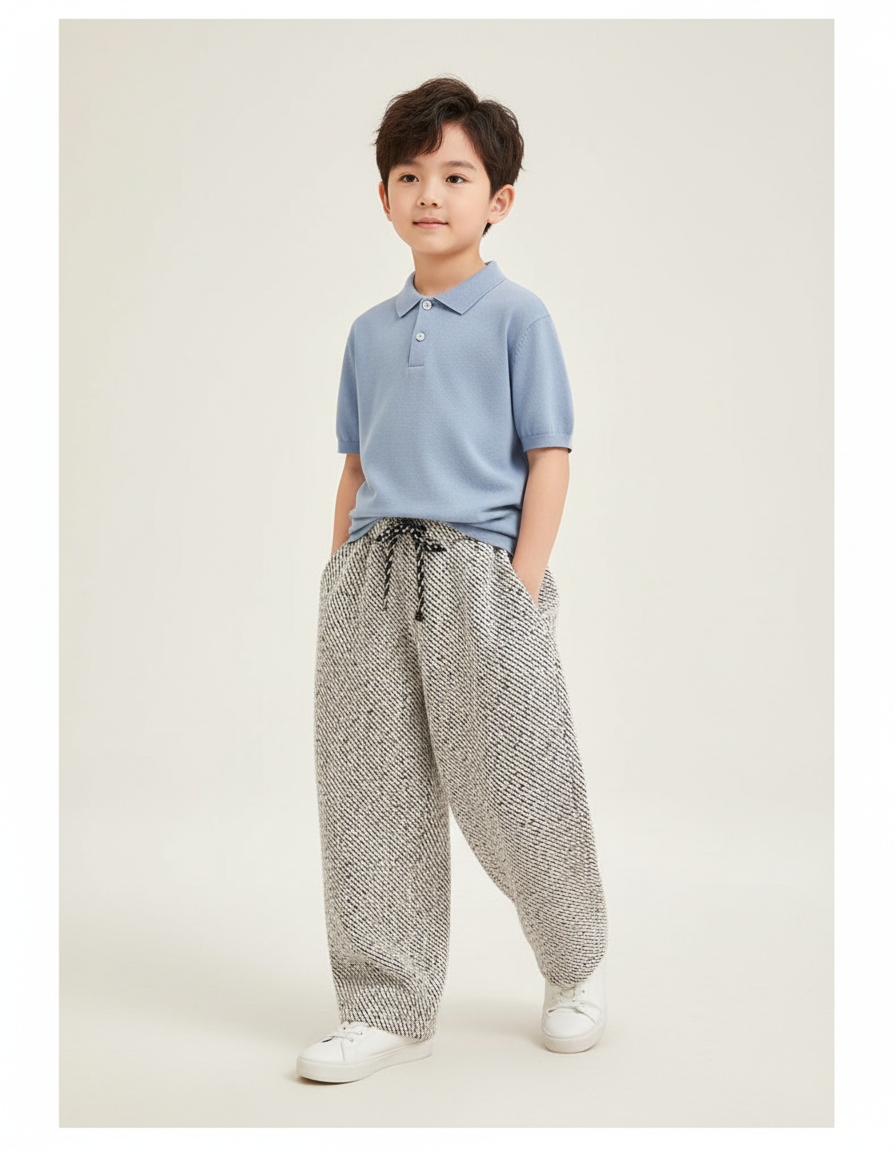 Pantalon Baggy Tweed Noir Blanc Ample Enfant - Multicolore