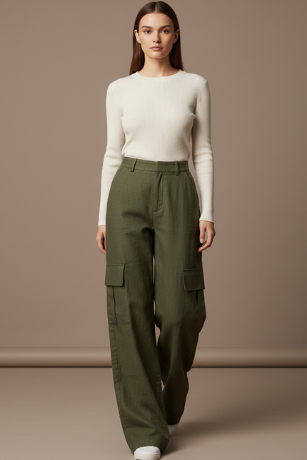 Pantalon Baggy Vert Kaki Cargo Ample Femme Poches - Lin
