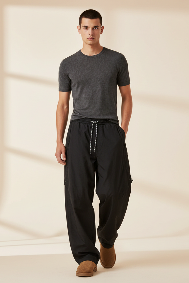 Pantalon Baggy Noir Ample Fluide Sport Décontracté - Polyester