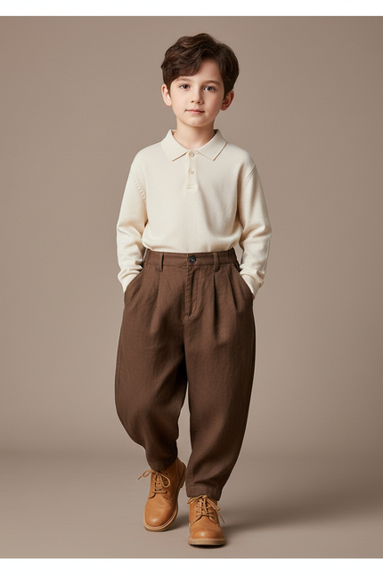 Pantalon Baggy Marron Ample Coton Plissé Garçon - Lin