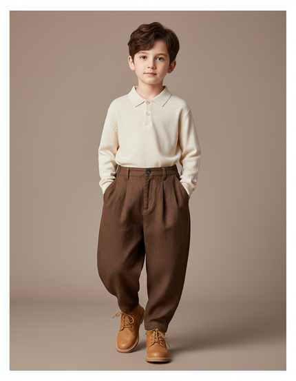 Pantalon Baggy Marron Ample Coton Plissé Garçon - Lin