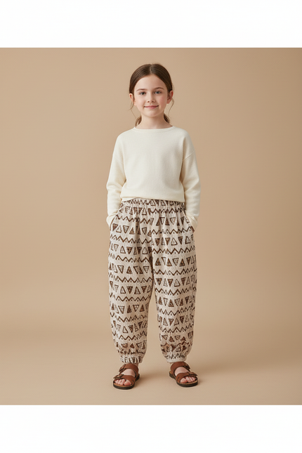 Pantalon Baggy Beige Motifs Géométriques Ample Enfant - Coton