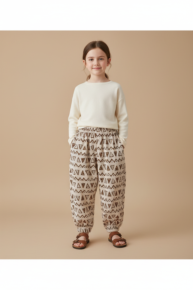 Pantalon Baggy Beige Motifs Géométriques Ample Enfant - Coton