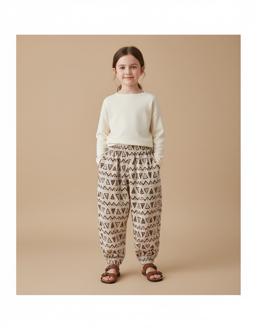 Pantalon Baggy Beige Motifs Géométriques Ample Enfant - Coton