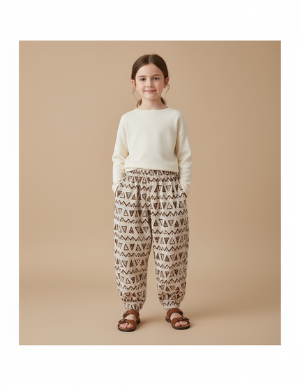 Pantalon Baggy Beige Motifs Géométriques Ample Enfant - Coton