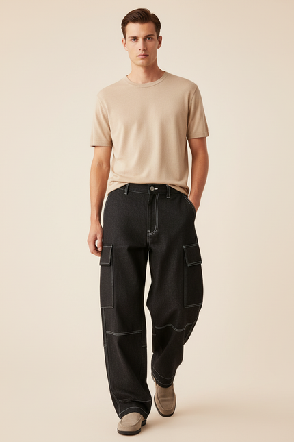 Pantalon Baggy Noir Denim Ample Cargo Homme - Jean