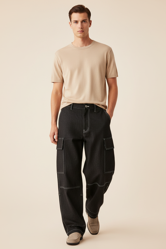 Pantalon Baggy Noir Denim Ample Cargo Homme - Jean