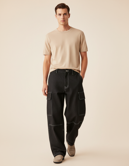 Pantalon Baggy Noir Denim Ample Cargo Homme - Jean
