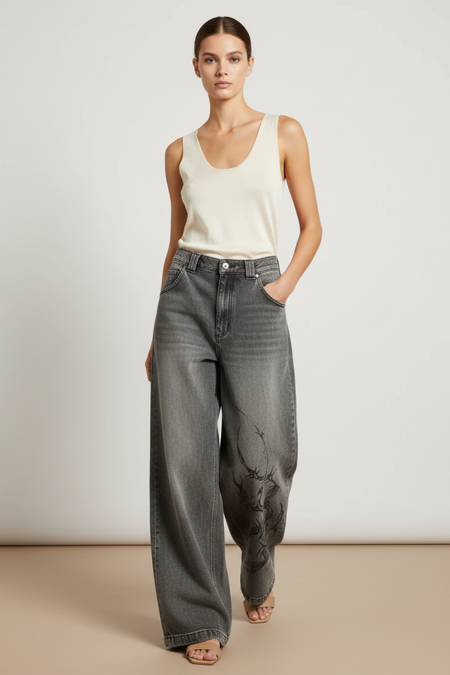 Pantalon Baggy Gris Délavé Ample Brodé Y2K - Jean