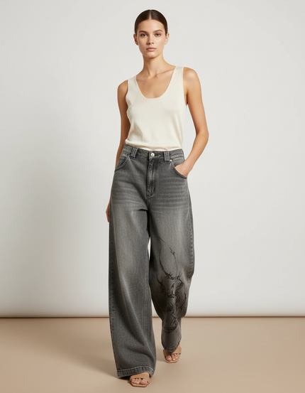 Pantalon Baggy Gris Délavé Ample Brodé Y2K - Jean