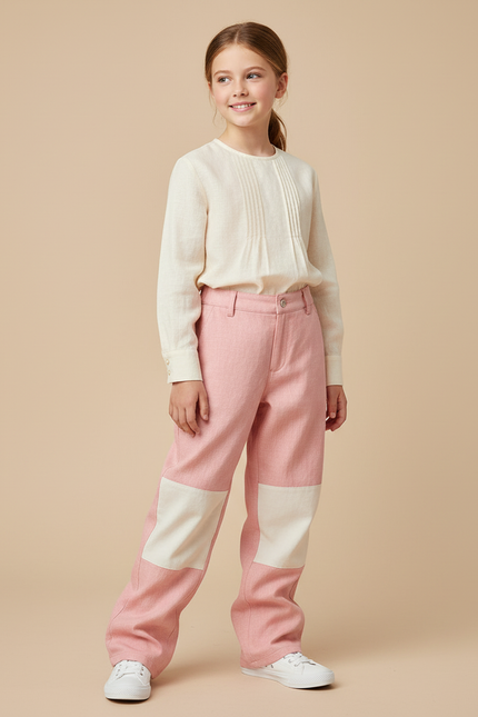 Pantalon Baggy Rose Patchwork Blanc Décontracté Enfant - Tweed