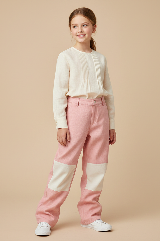 Pantalon Baggy Rose Patchwork Blanc Décontracté Enfant - Tweed