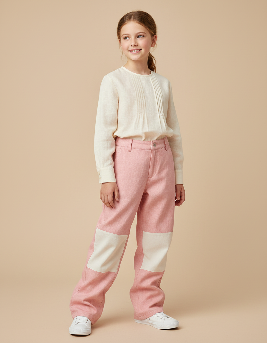 Pantalon Baggy Rose Patchwork Blanc Décontracté Enfant - Tweed
