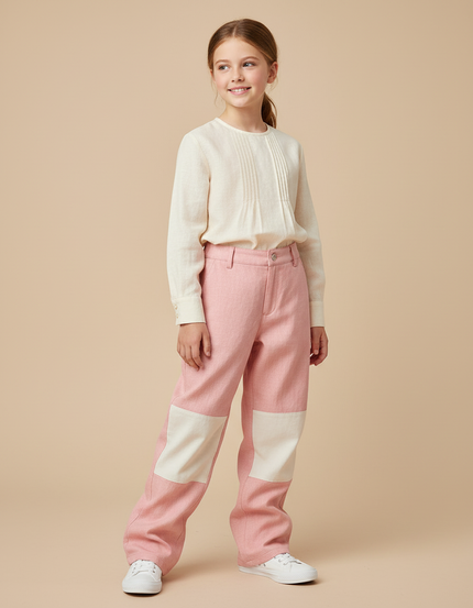 Pantalon Baggy Rose Patchwork Blanc Décontracté Enfant - Tweed