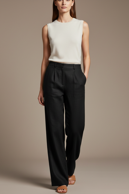 Pantalon Baggy Noir Lin Plissé Large Élégant Femme