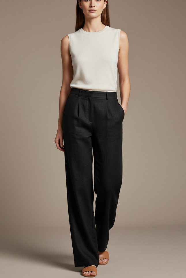 Pantalon Baggy Noir Lin Plissé Large Élégant Femme