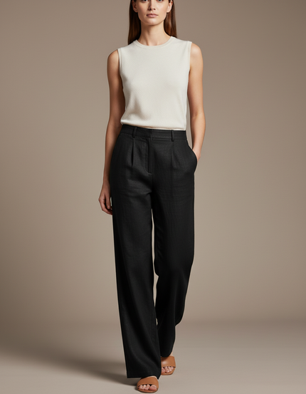 Pantalon Baggy Noir Lin Plissé Large Élégant Femme