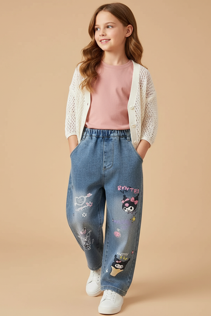 Pantalon Baggy Denim Imprimé Kuromi Large Décontracté - Bleu Jean