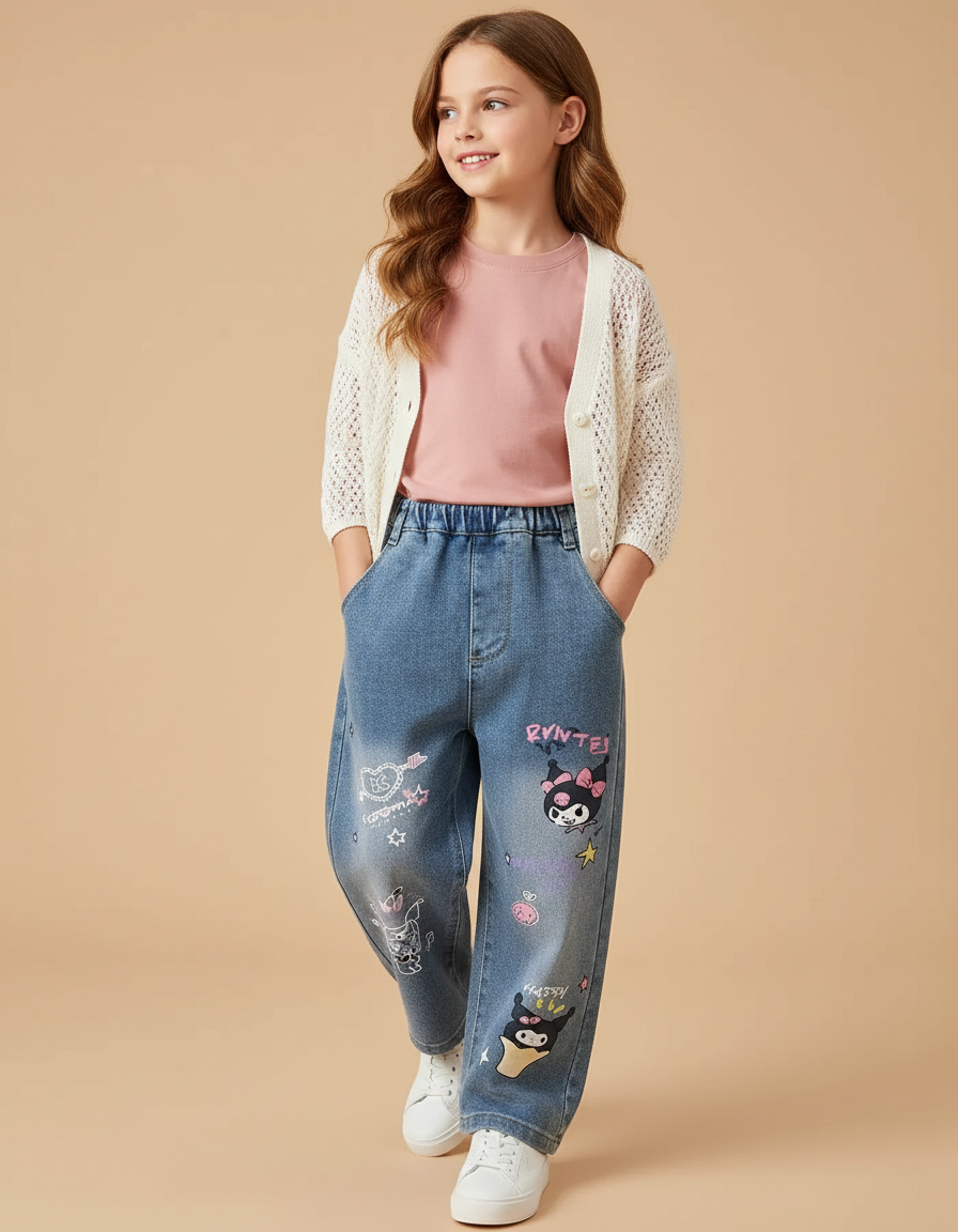 Pantalon Baggy Denim Imprimé Kuromi Large Décontracté - Bleu Jean