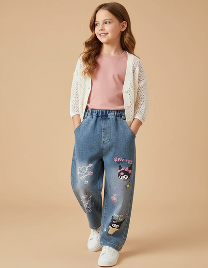 Pantalon Baggy Denim Imprimé Kuromi Large Décontracté - Bleu Jean