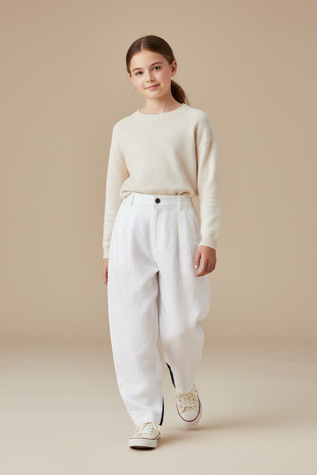 Pantalon Baggy Blanc Lin Ample Plissé Fille Décontracté
