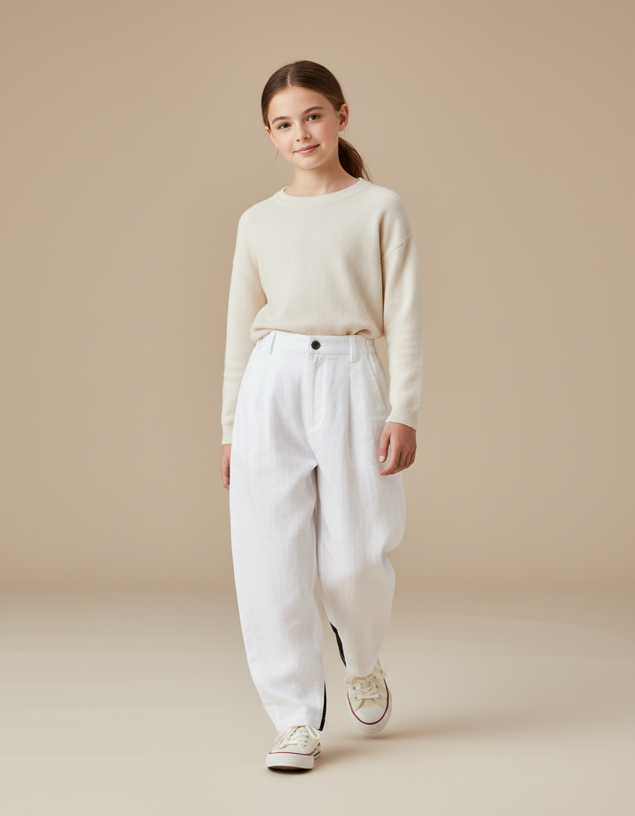Pantalon Baggy Blanc Lin Ample Plissé Fille Décontracté
