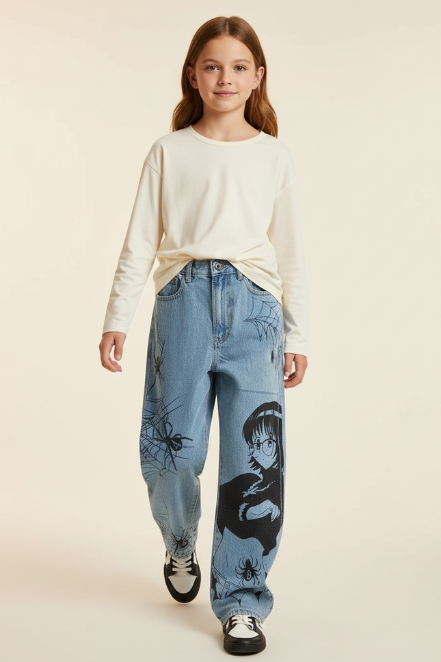 Pantalon Baggy Jean Clair Imprimé Manga Araignée Fille - Bleu